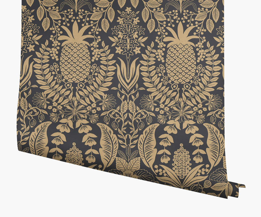 Pineapple Damask Papier peint - Black & Gold