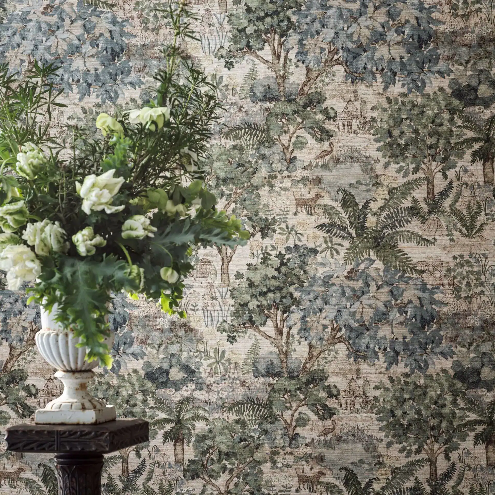 The Stumpery Panoramic by Sanderson — forest floor mural wallpaper for living rooms, available at Empire Wallpaper Montréal